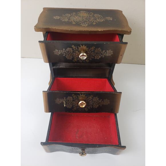 Vintage Nico Wooden 3 Drawer Musical Jewelry Box Cottagecore Made in Japan - Picture 7 of 12